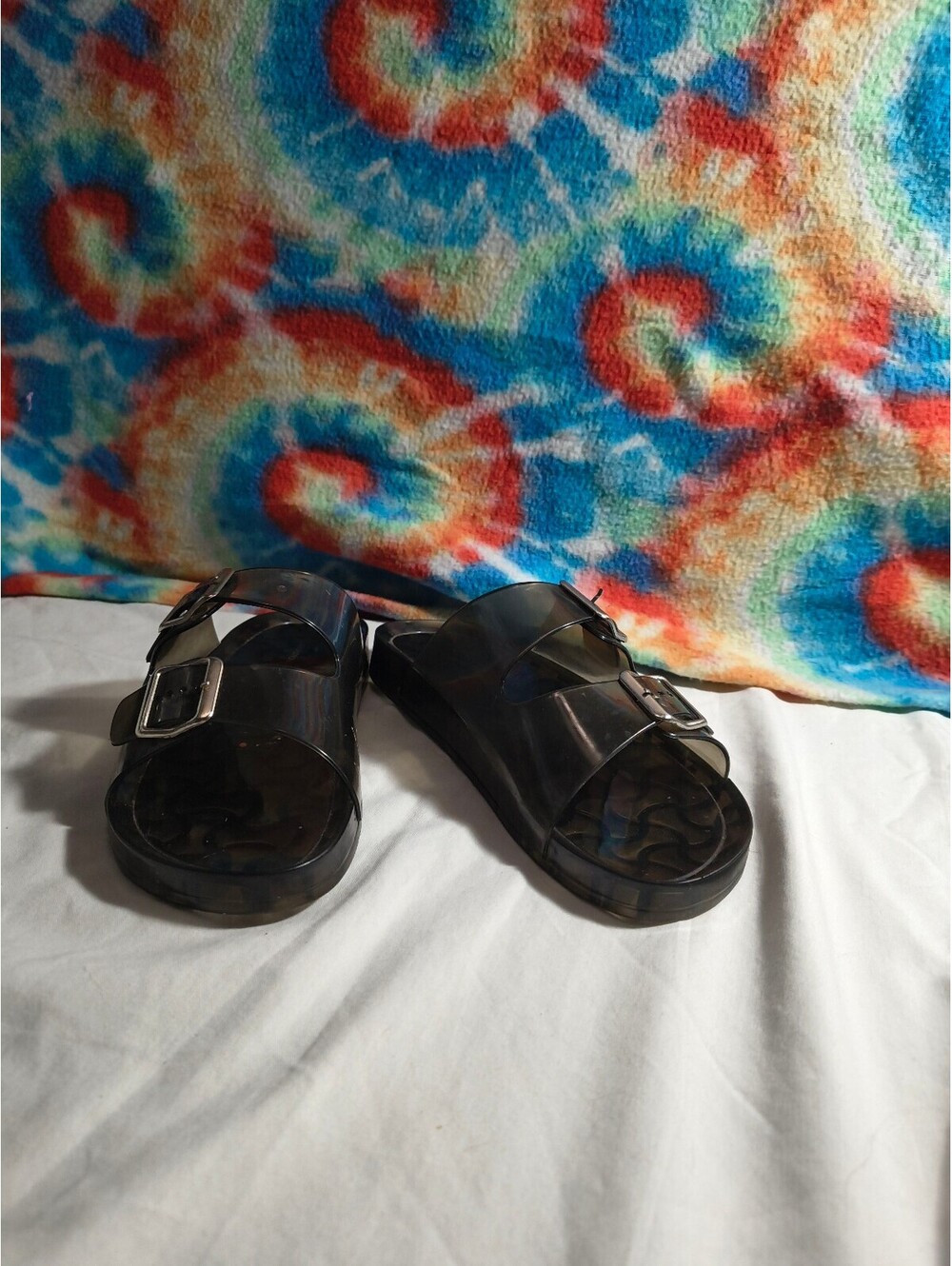 French Connection Black Transparent Buckle Slide Sandals